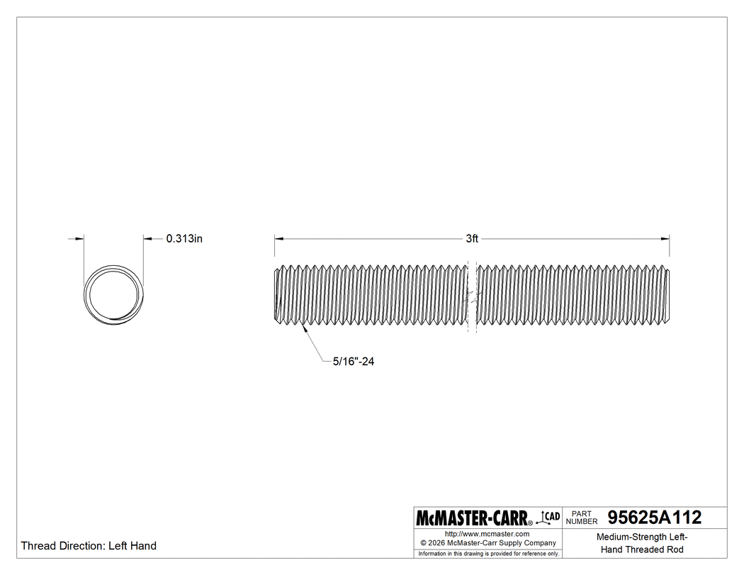 Technical Drawing of Medium-Strength Left-Hand Threaded Rod, Grade B7 Steel, 5/16"-24 Thread Size, 3 Feet Long.